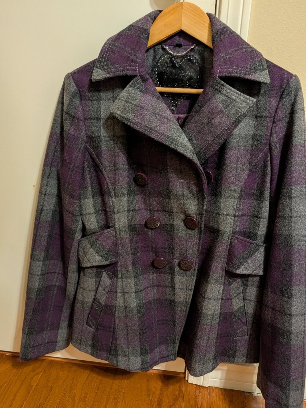 GUESS Vintage Purple Plaid Double Breasted Wool Blend Pea Coat